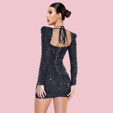 Square Collar Long Sleeve Sequined Mini Bodycon Dress